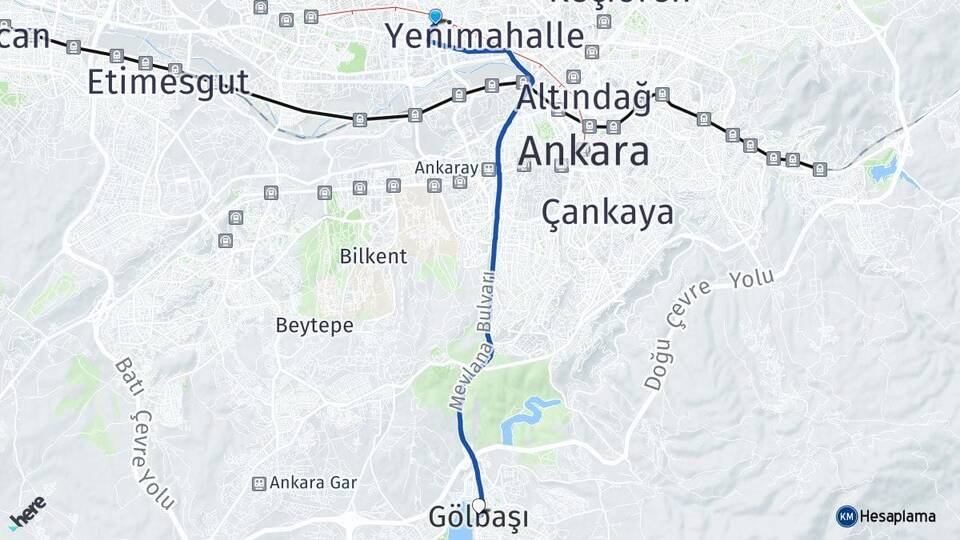 Ankara Yenimahalle Demetevler Gölbaşı Arası Kaç Km - Yol Haritası