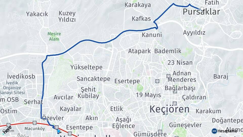 Ankara Yenimahalle Demetevler Pursaklar Arası Kaç Km - Yol Haritası