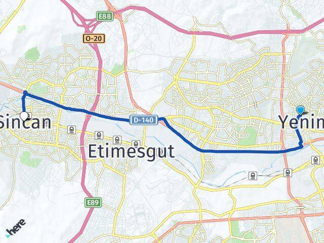 Ankara Yenimahalle Demetevler Sincan Arası Kaç Km - Yol Haritası