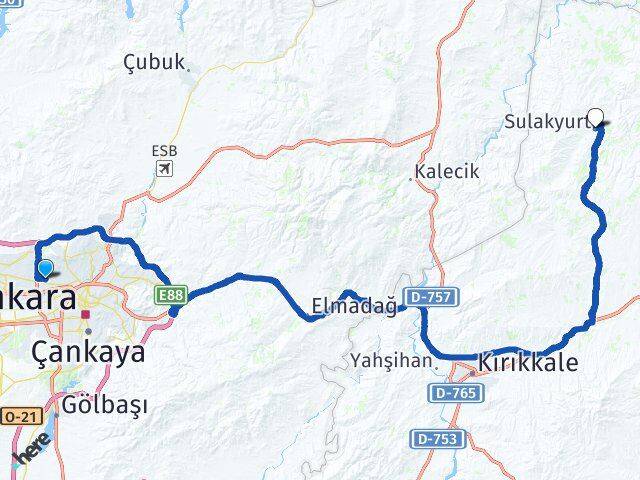 Ankara Yenimahalle Demetevler Sulakyurt Kırıkkale Arası Kaç Km - Yol Haritası