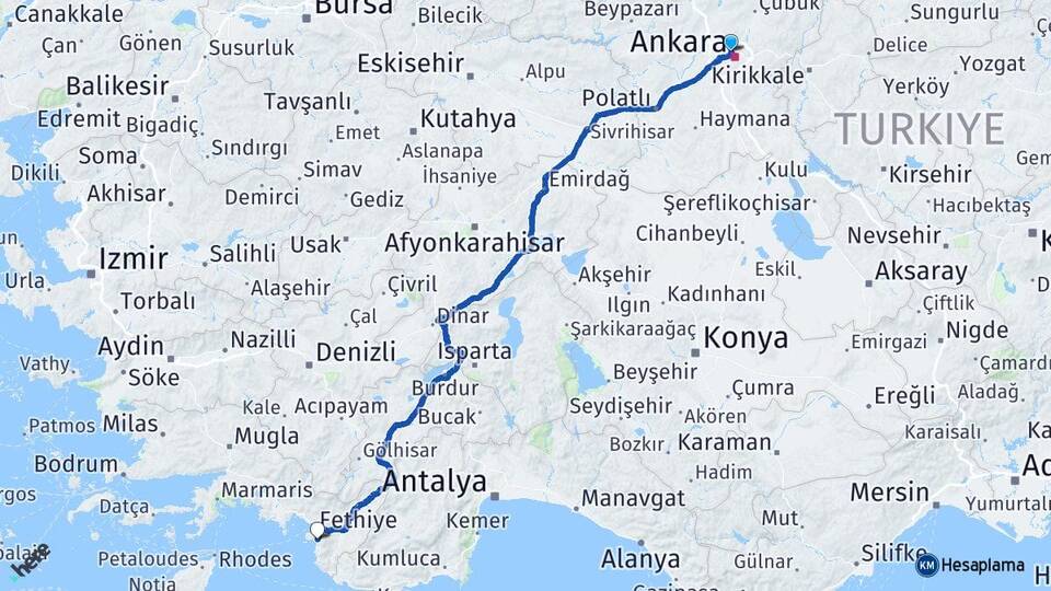 Ankara Yenimahalle Ölüdeniz Fethiye Muğla Arası Kaç Km - Yol Haritası