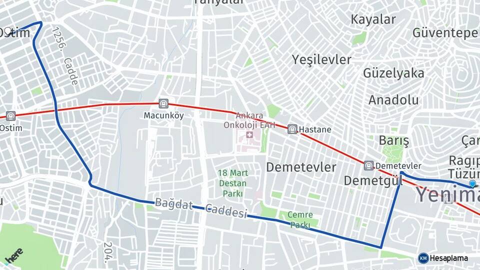 Ankara Yenimahalle Ostim Yenimahalle Arası Kaç Km - Yol Haritası