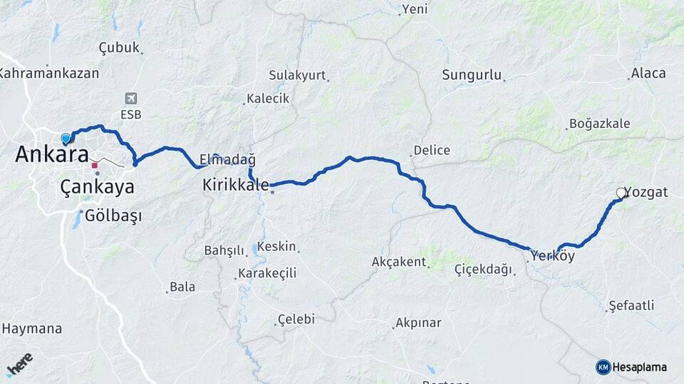 Ankara Yenimahalle Ostim Yozgat Arası Kaç Km - Yol Haritası