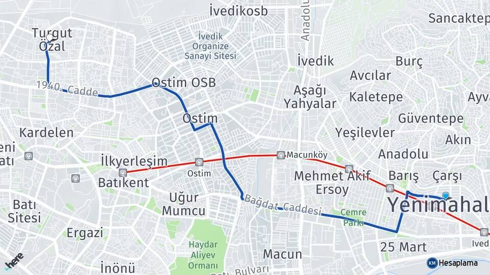 Ankara Yenimahalle Turgut Özal Yenimahalle Arası Kaç Km - Yol Haritası