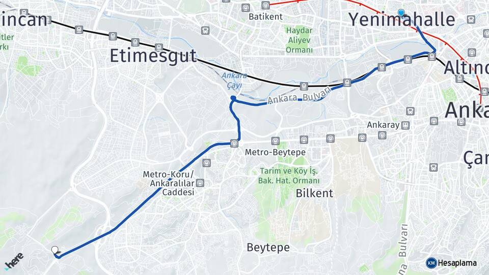 Ankara Yenimahalle Yapracık Etimesgut Arası Kaç Km - Yol Haritası