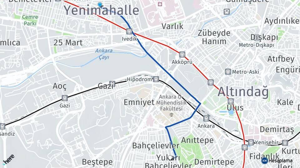 Ankara Yenimahalle Yukarı Bahçelievler Çankaya Arası Kaç Km - Yol Haritası