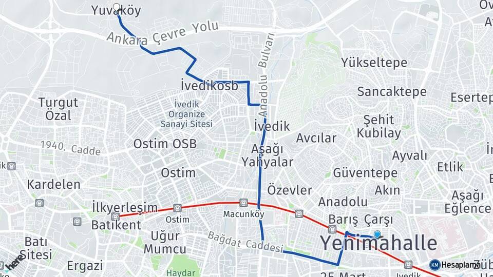 Ankara Yenimahalle Yuvaköy Yenimahalle Arası Kaç Km - Yol Haritası