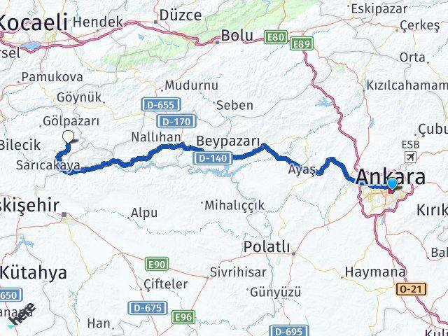 Ankara Yenipazar Bilecik Arası Kaç Km - Yol Haritası