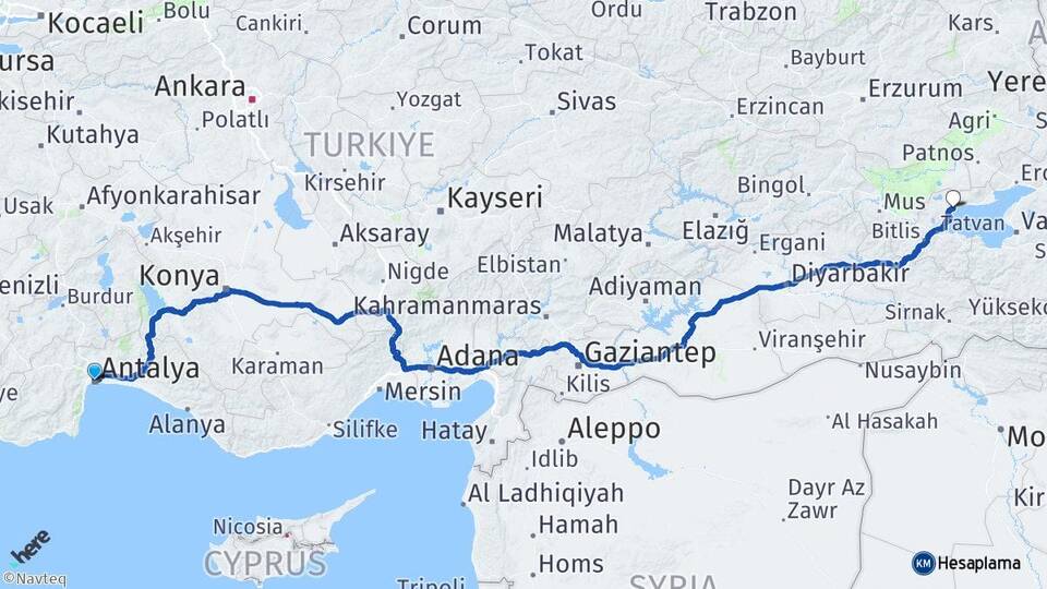Antalya Ahlat Bitlis Arası Kaç Km - Yol Haritası