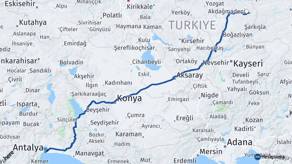 Antalya Akdağmadeni Yozgat Arası Kaç Km - Yol Haritası