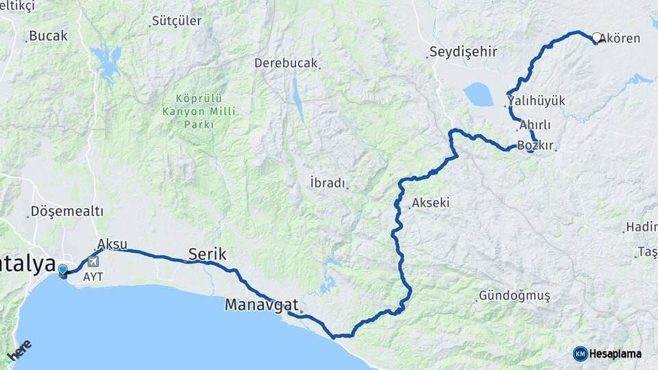 Antalya Akören Konya Arası Kaç Km - Yol Haritası