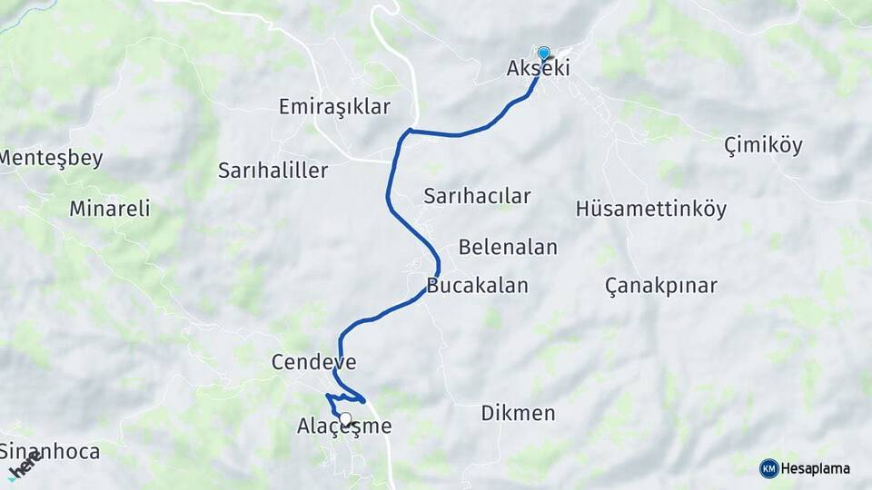 Antalya Akseki Alaçeşme Akseki Arası Kaç Km - Yol Haritası