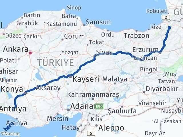 Antalya Akseki Artvin Arası Kaç Km - Yol Haritası