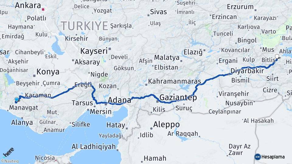 Antalya Akseki Bitlis Arası Kaç Km - Yol Haritası