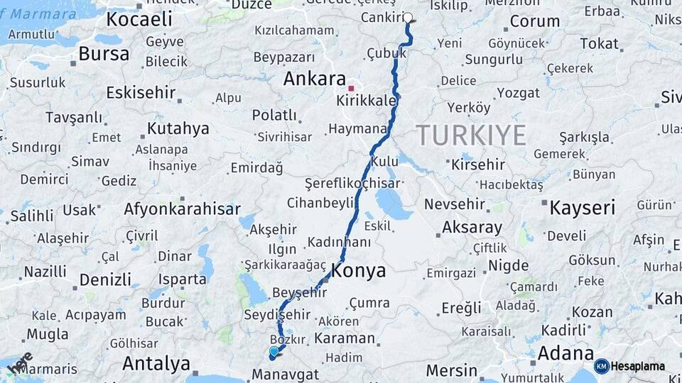 Antalya Akseki Çankırı Arası Kaç Km - Yol Haritası