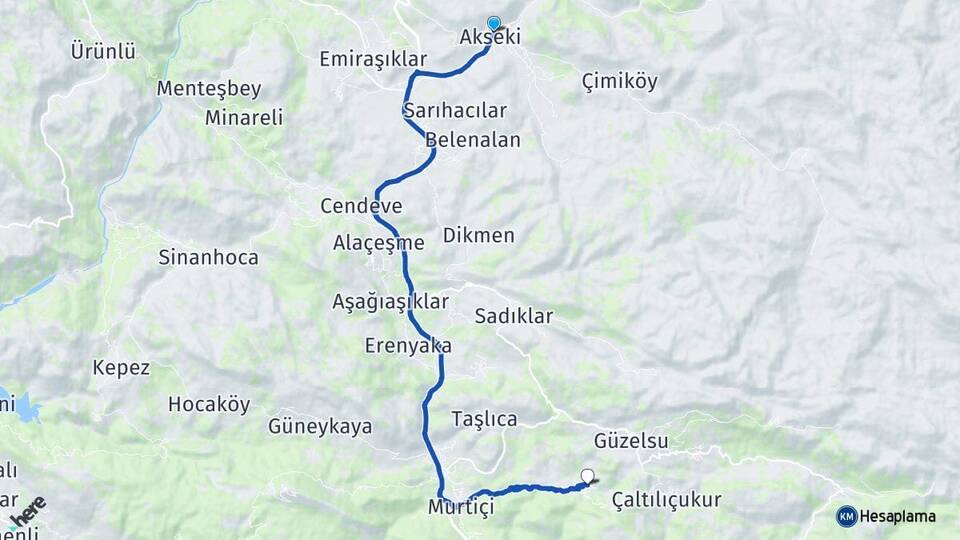 Antalya Akseki Çukurköy Akseki Arası Kaç Km - Yol Haritası