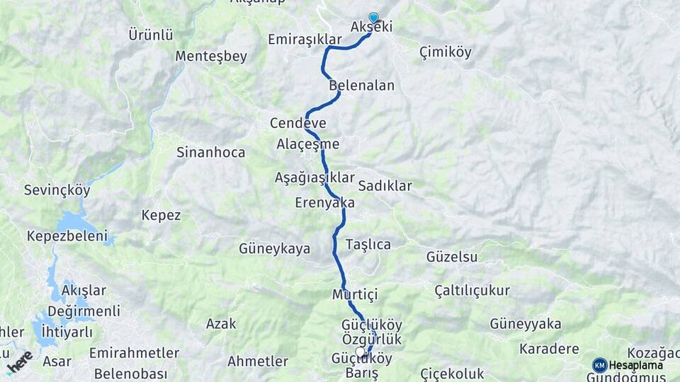 Antalya Akseki Güçlüköy Akseki Arası Kaç Km - Yol Haritası