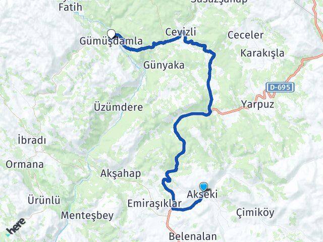 Antalya Akseki Gümüşdamla Akseki Arası Kaç Km - Yol Haritası