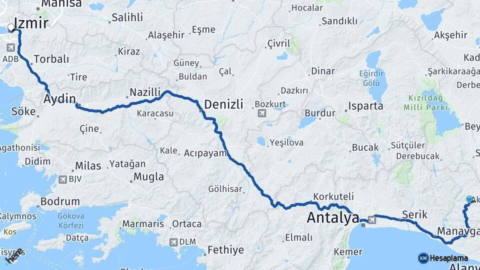 Antalya Akseki İzmir Arası Kaç Km - Yol Haritası