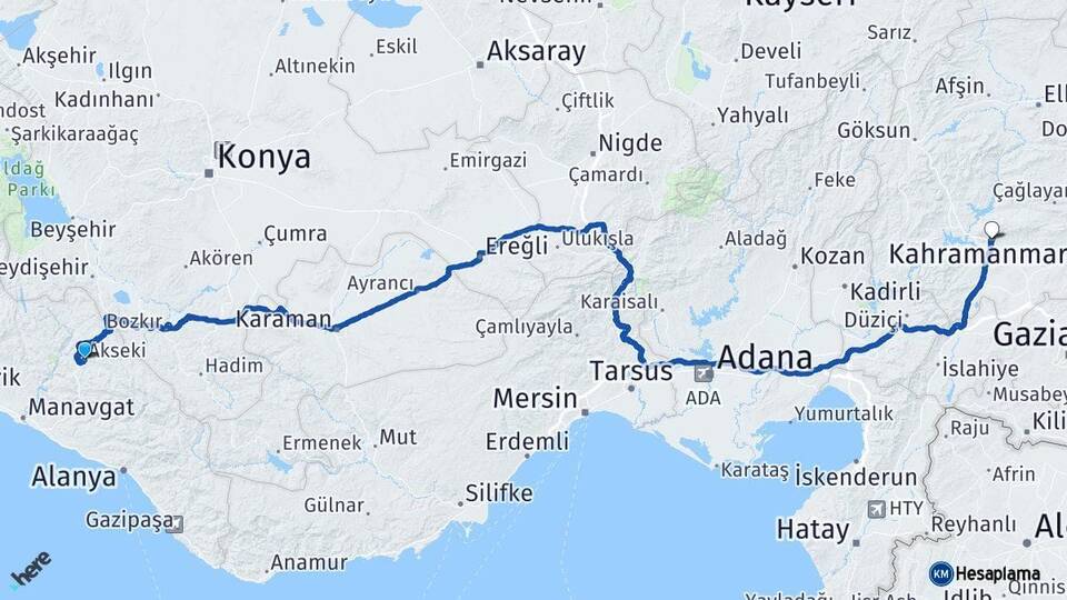 Antalya Akseki Kahramanmaraş Arası Kaç Km - Yol Haritası