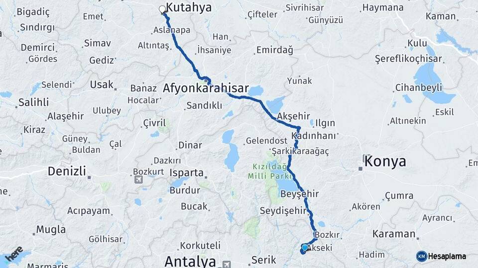 Antalya Akseki Kütahya Arası Kaç Km - Yol Haritası
