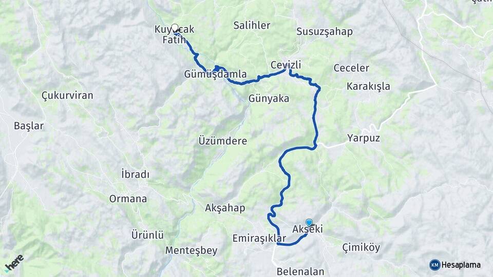 Antalya Akseki Kuyucak Akseki Arası Kaç Km - Yol Haritası