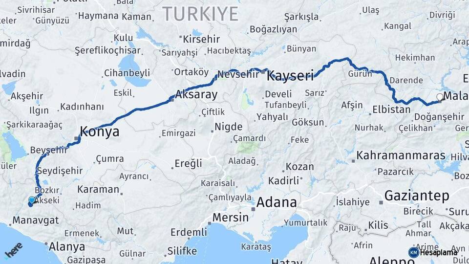 Antalya Akseki Malatya Arası Kaç Km - Yol Haritası