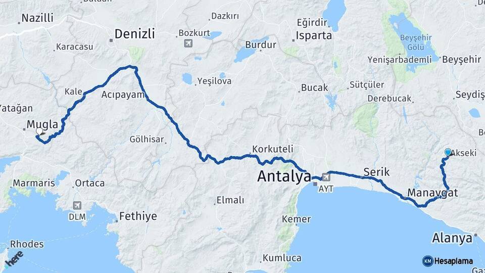 Antalya Akseki Muğla Arası Kaç Km - Yol Haritası