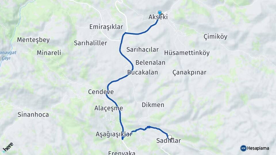 Antalya Akseki Sadıklar Akseki Arası Kaç Km - Yol Haritası