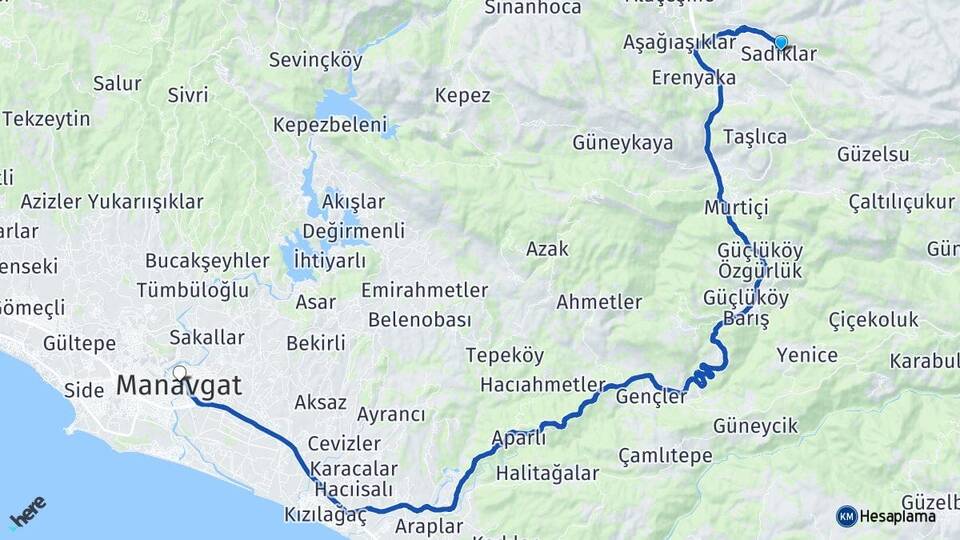 Antalya Akseki Sadıklar Manavgat Arası Kaç Km - Yol Haritası
