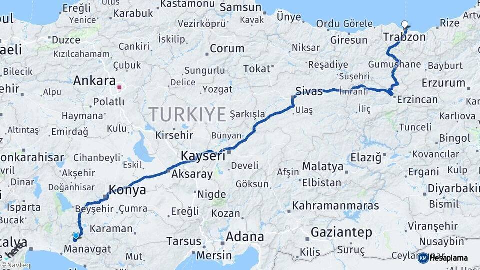 Antalya Akseki Trabzon Arası Kaç Km - Yol Haritası