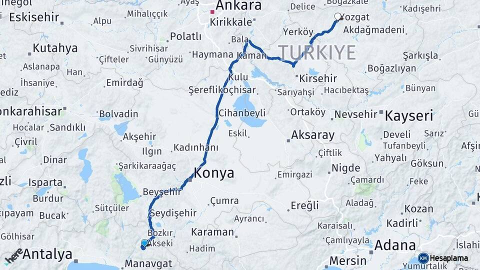 Antalya Akseki Yozgat Arası Kaç Km - Yol Haritası