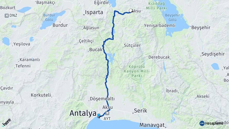 Antalya Aksu Isparta Arası Kaç Km - Yol Haritası