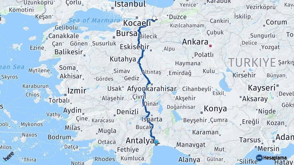 Antalya Akyazı Sakarya Arası Kaç Km - Yol Haritası