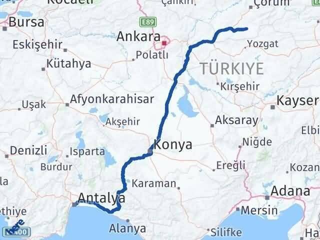 Antalya Alaca Çorum Arası Kaç Km - Yol Haritası