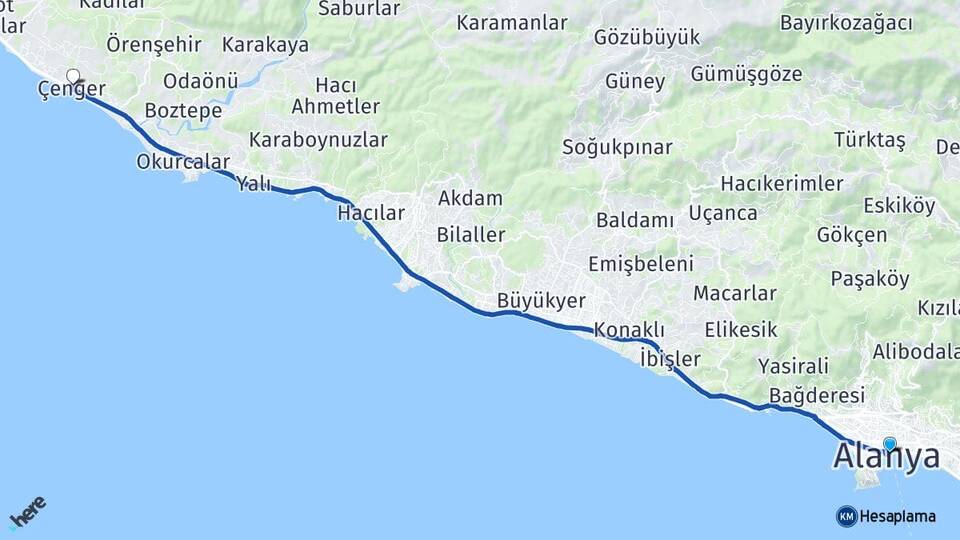 Antalya Alanya Çenger Manavgat Arası Kaç Km - Yol Haritası