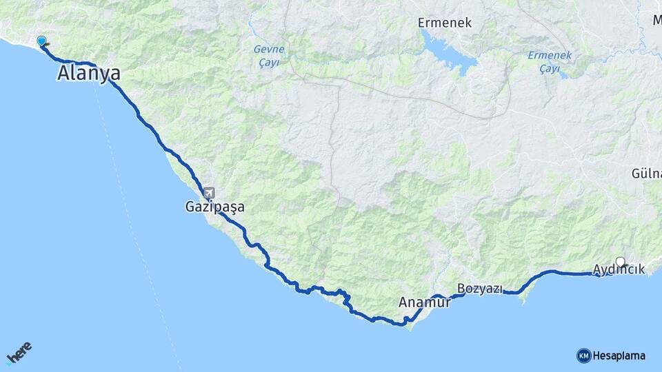 Antalya Alanya Konaklı Aydıncık Mersin Arası Kaç Km - Yol Haritası