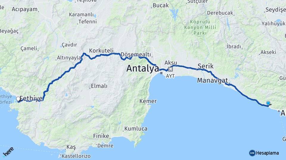 Antalya Alanya Konaklı Fethiye Muğla Arası Kaç Km - Yol Haritası