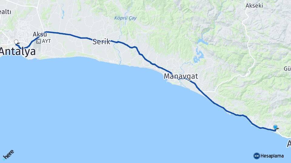 Antalya Alanya Konaklı Muratpaşa Arası Kaç Km - Yol Haritası