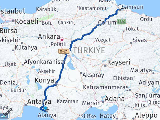 Antalya Alanya Konaklı Samsun Arası Kaç Km - Yol Haritası