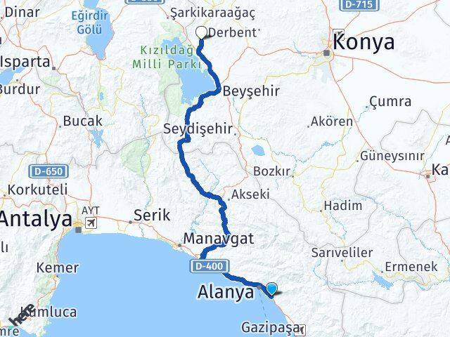 Antalya Alanya Mahmutlar Hüyük Konya Arası Kaç Km - Yol Haritası