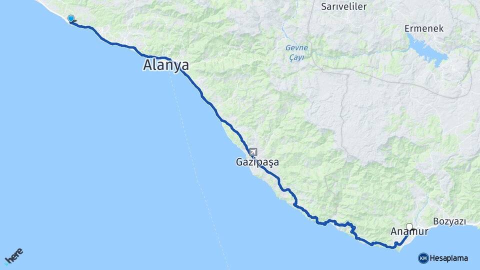 Antalya Alanya Okurcalar Anamur Mersin Arası Kaç Km - Yol Haritası