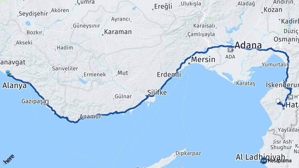 Antalya Alanya Okurcalar Antakya Hatay Arası Kaç Km - Yol Haritası