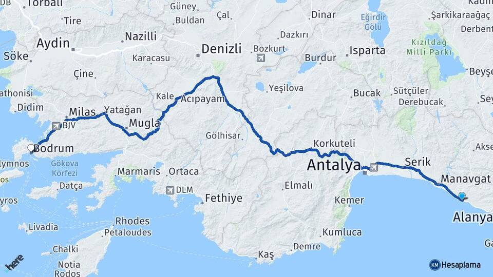Antalya Alanya Okurcalar Bodrum Muğla Arası Kaç Km - Yol Haritası