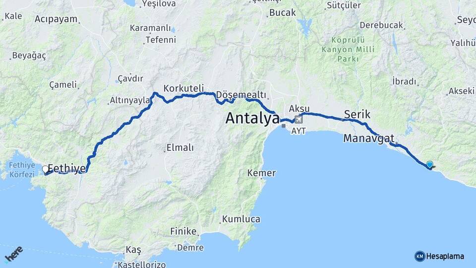 Antalya Alanya Okurcalar Fethiye Muğla Arası Kaç Km - Yol Haritası