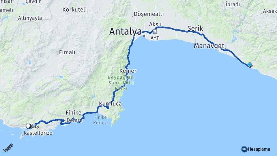 Antalya Alanya Okurcalar Kaş Arası Kaç Km - Yol Haritası