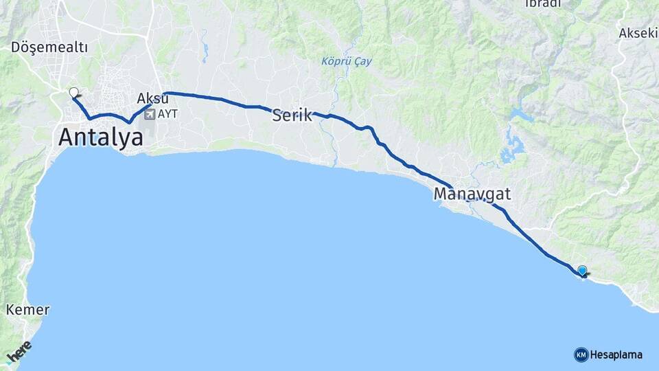 Antalya Alanya Okurcalar Kepez Arası Kaç Km - Yol Haritası