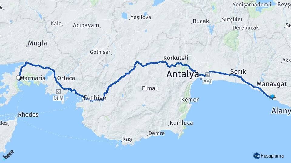 Antalya Alanya Okurcalar Marmaris Muğla Arası Kaç Km - Yol Haritası