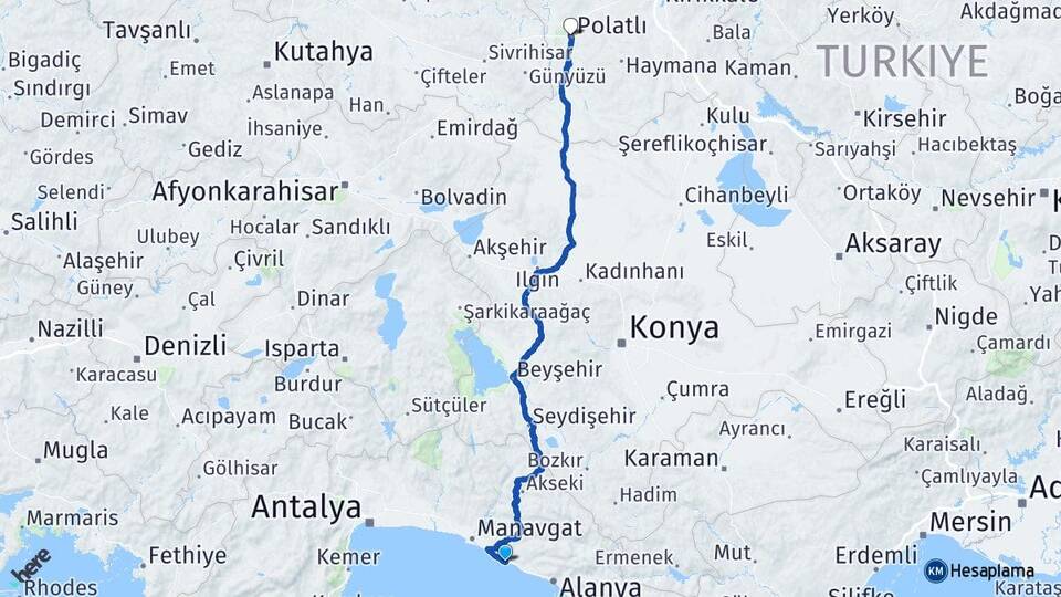 Antalya Alanya Okurcalar Polatlı Ankara Arası Kaç Km - Yol Haritası