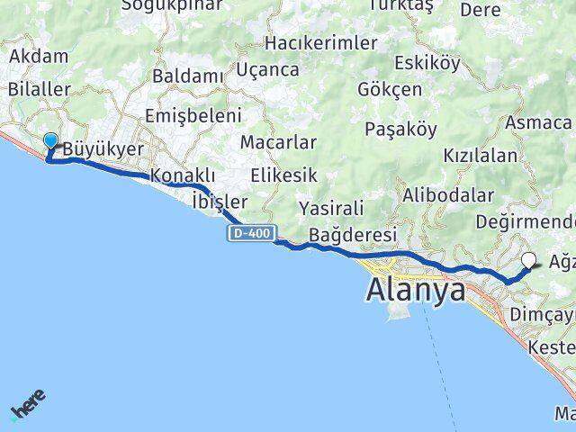 Antalya Alanya Türkler Oba Alanya Arası Kaç Km - Yol Haritası